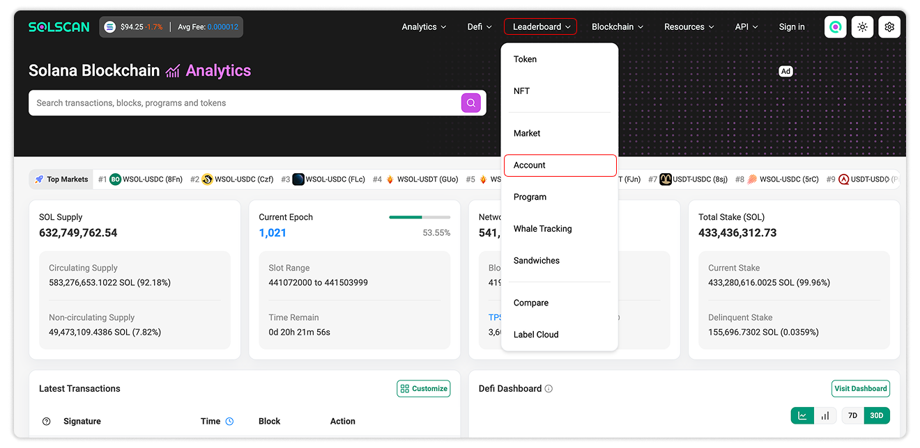 Select Leaderboard - Account on Solscan Homepage to access Account Leaderboard