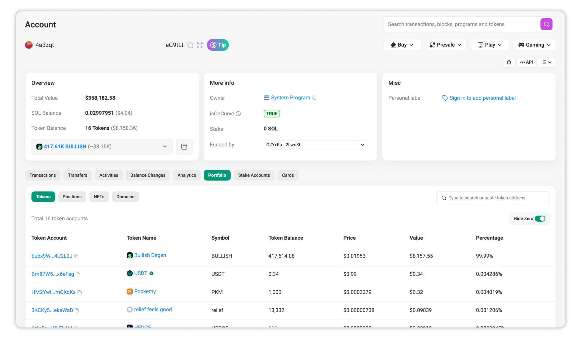 Account Portfolio page interface on Solscan
