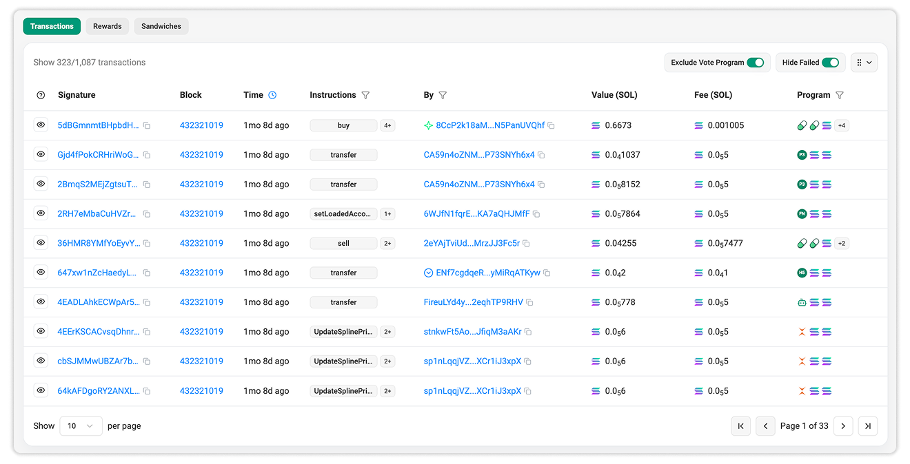 Transactions Tab in a Block Details Page