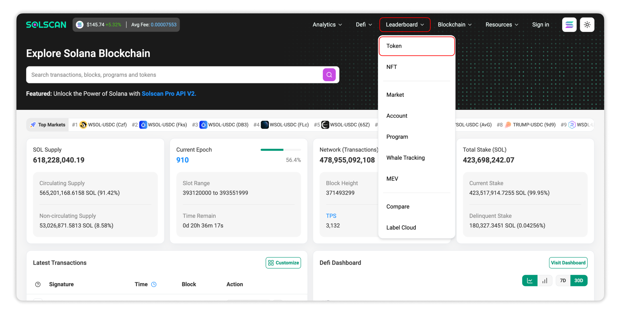 Select Leaderboard - Token on Solscan homepage to access Token Leaderboard