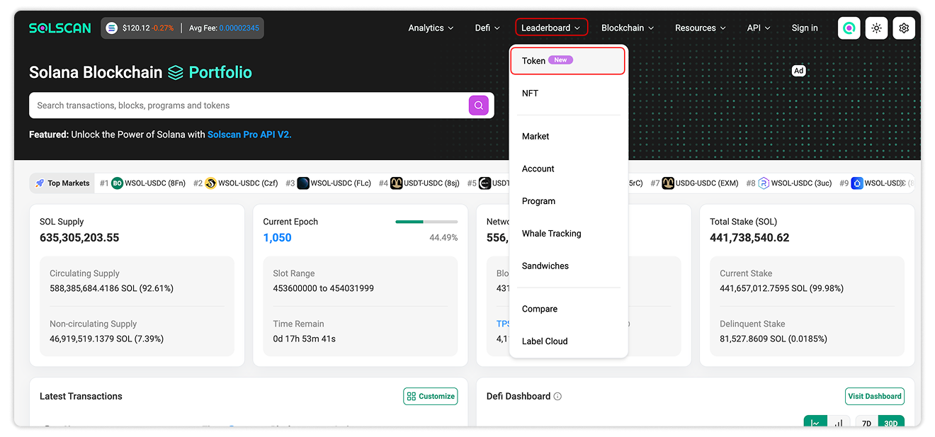 Select Leaderboard - Token on Solscan homepage to access Token Leaderboard