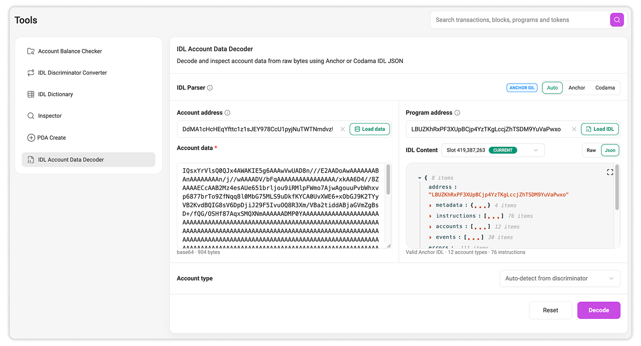 IDL Account Data Decoder on Solscan