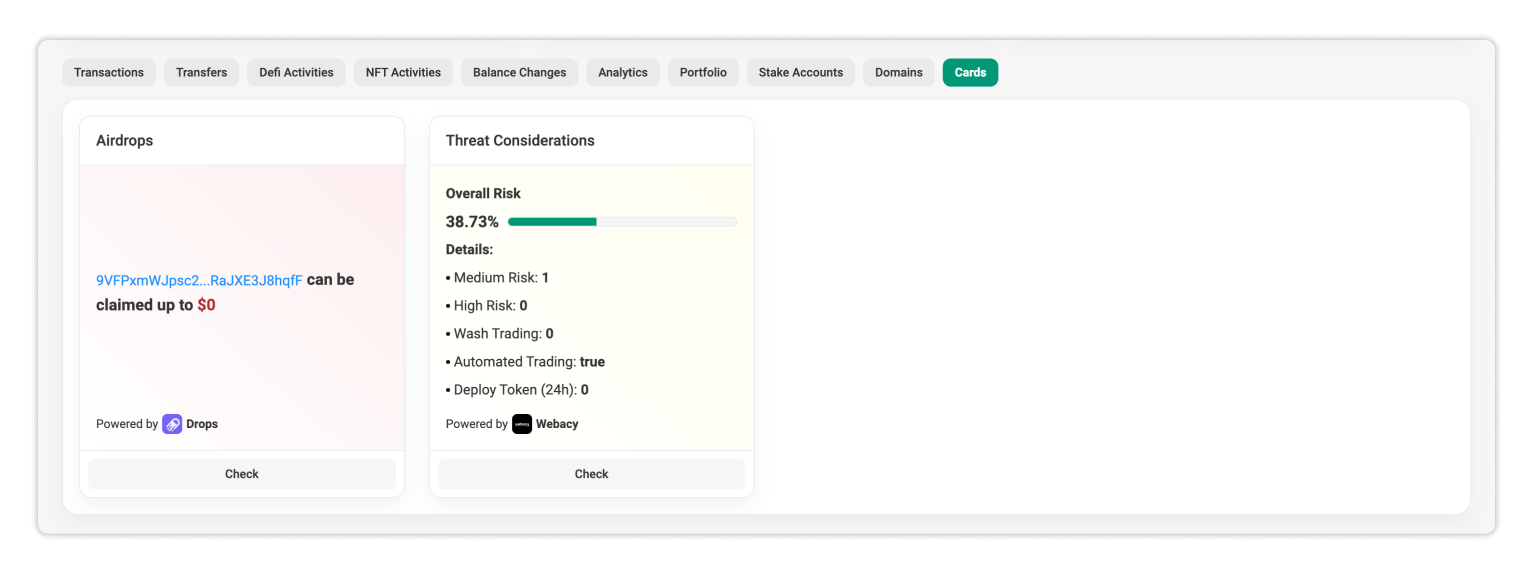 Cards in Account page on Solscan
