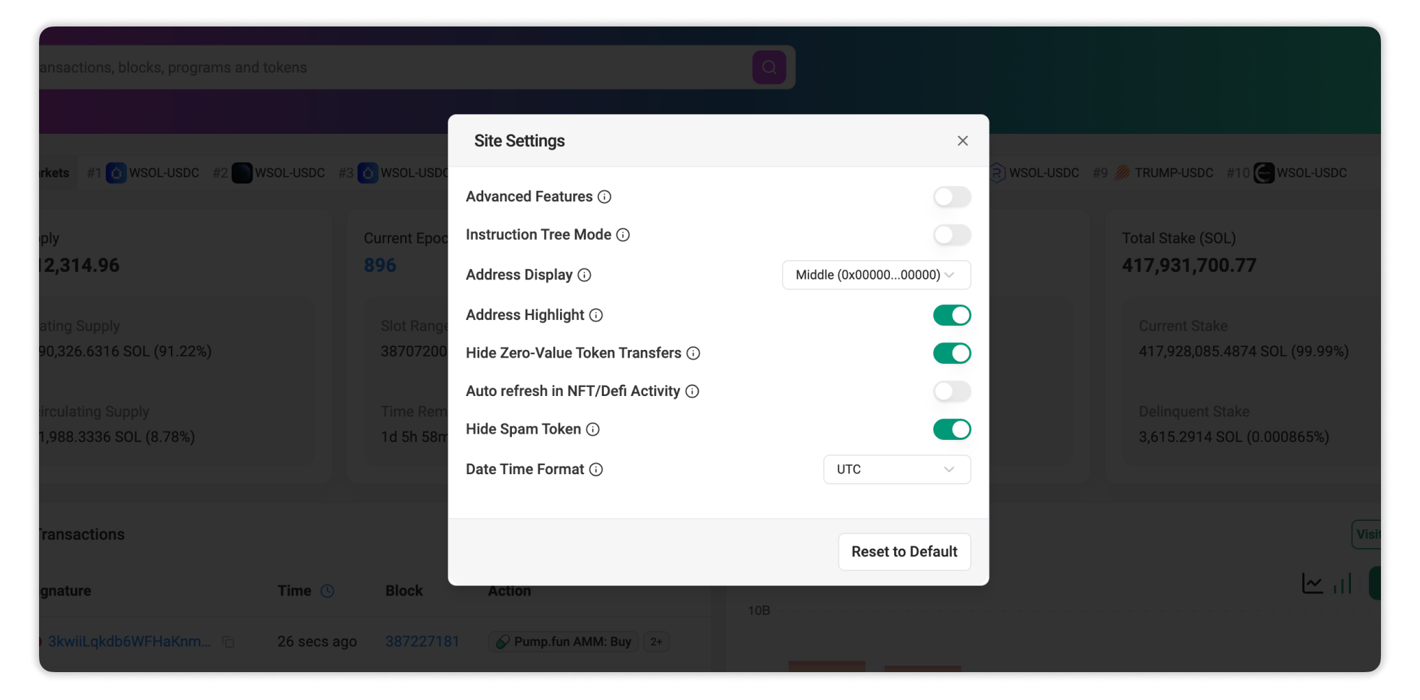 Image of Solscan Site Settings menu in default browser settings.