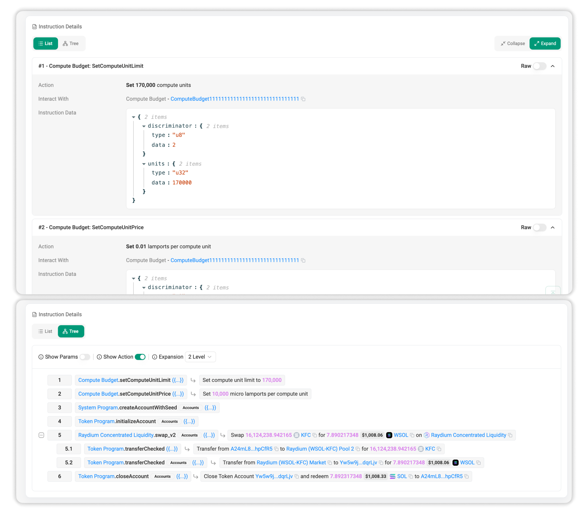 Image of Top: List view | Bottom: Tree Mode view of Instruction Details