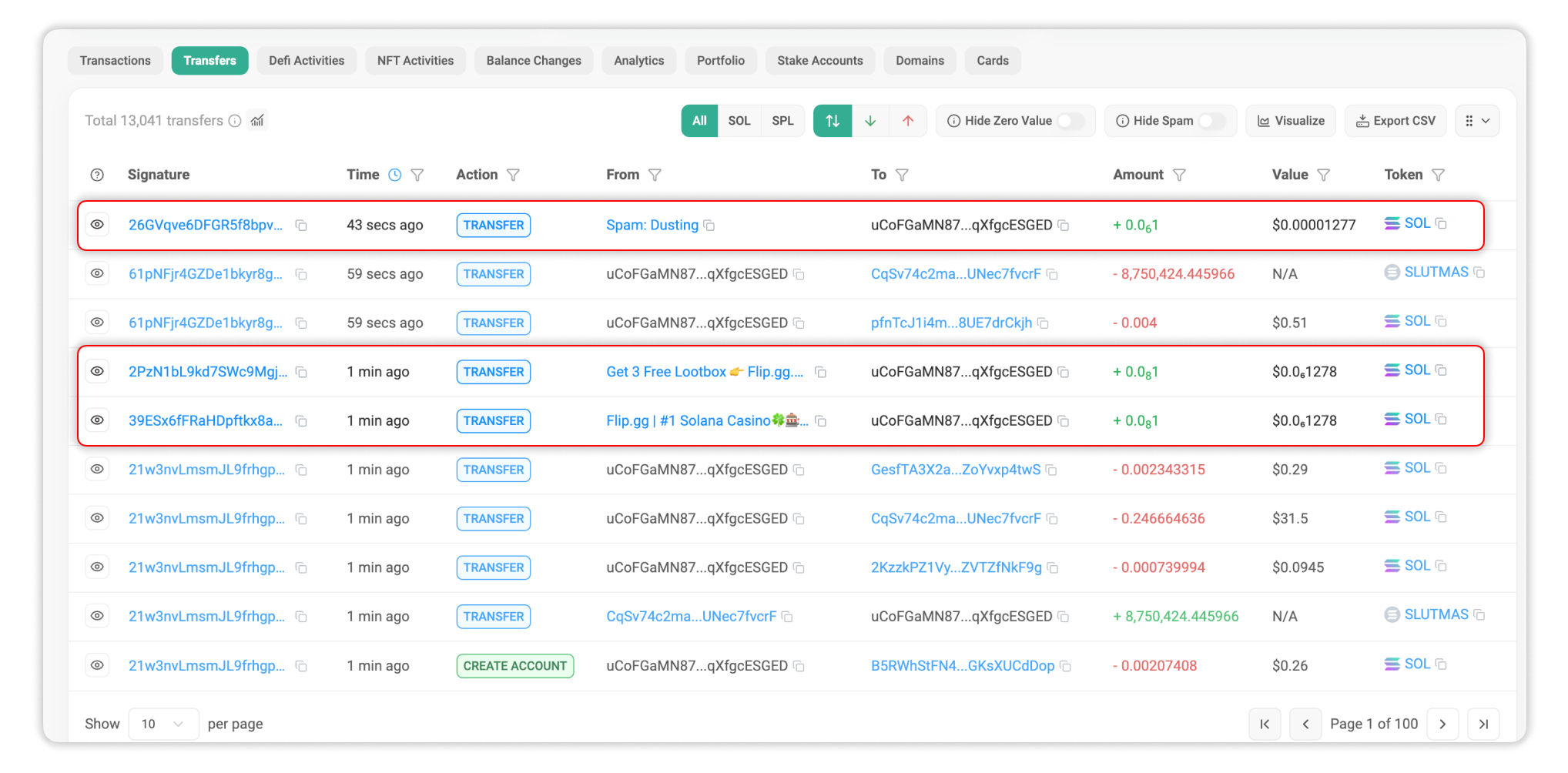 Example of zero-value token transfers.