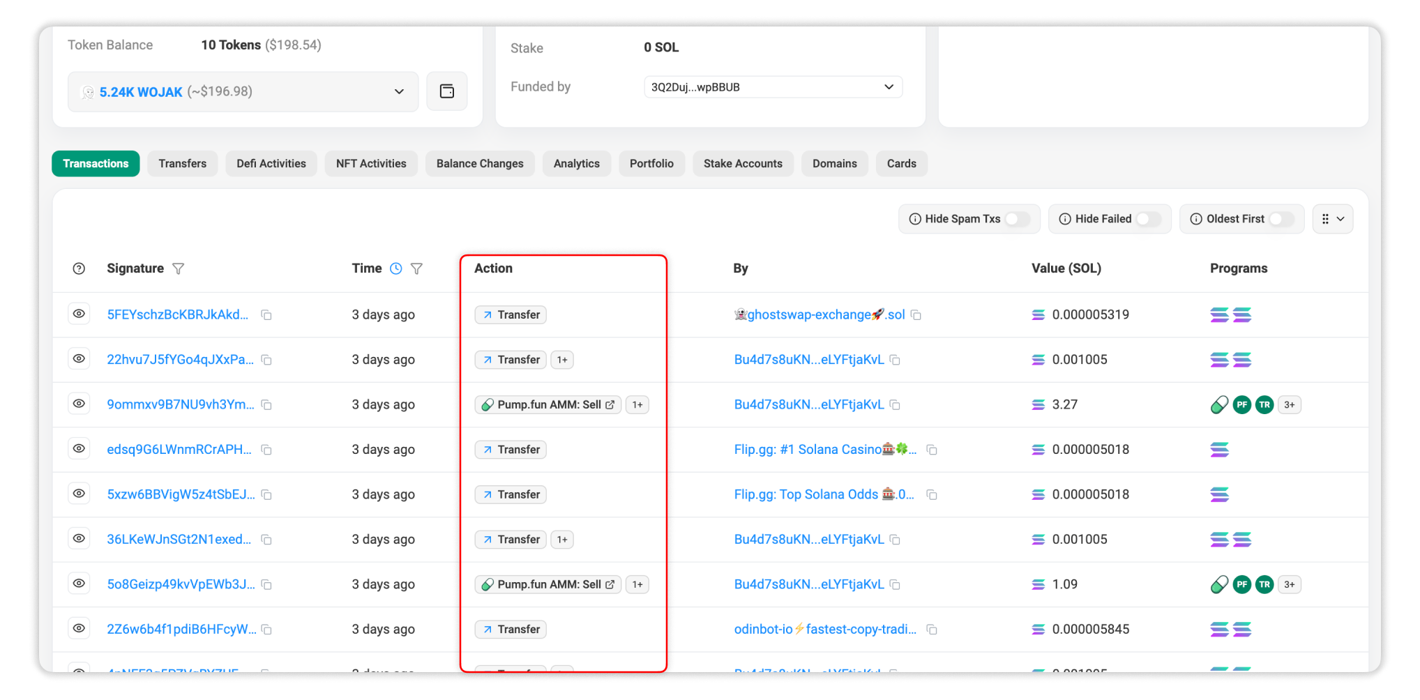 Action column let you quickly understand the main action of the transaction.