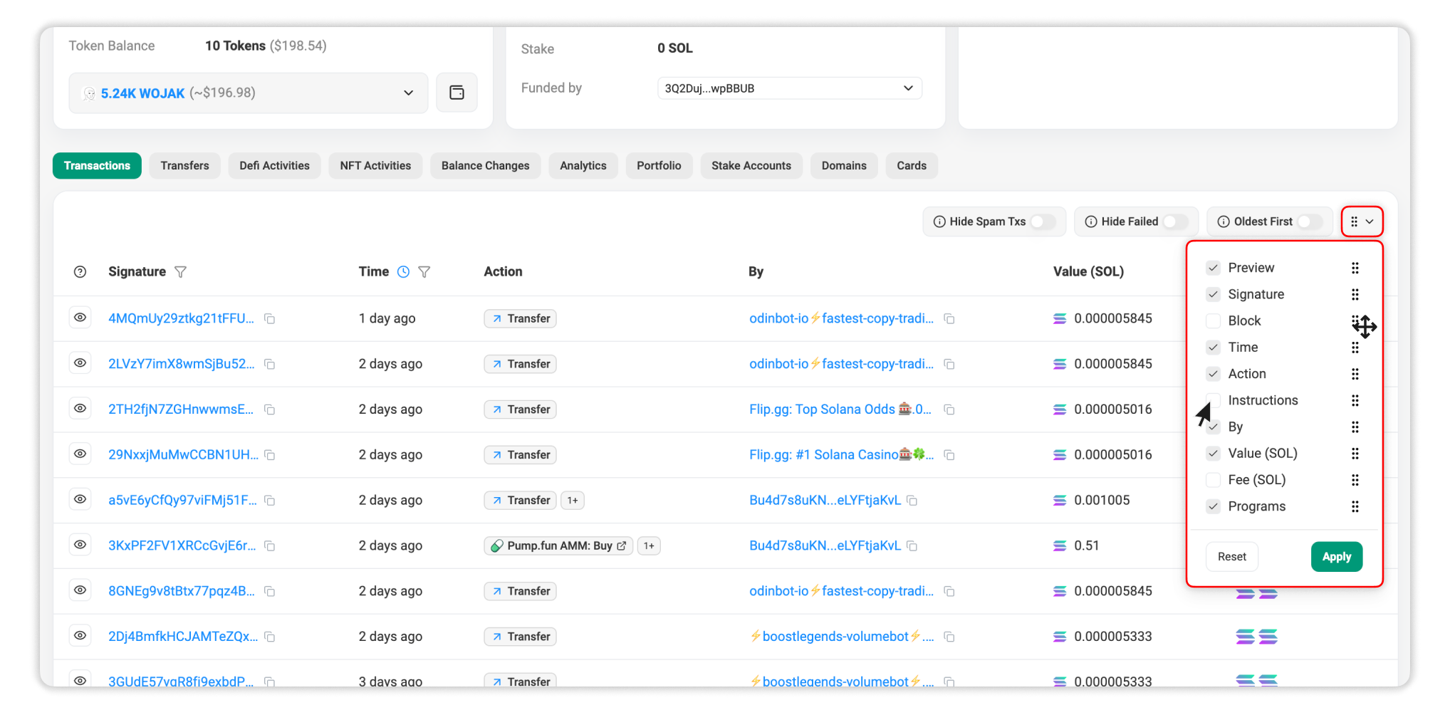 Use this setting to customize your own Transactions table layout.