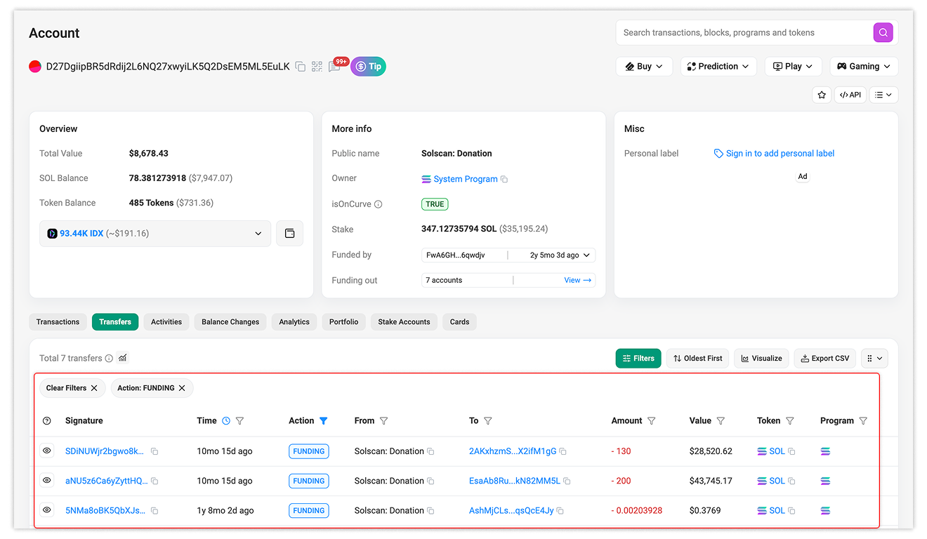 Funding Out activity displayed with the Funding action filter automatically applied